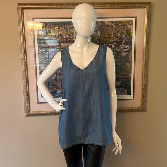SLEEVELESS V-NECK TENCEL DENIM TOP - Picture 1 of 6
